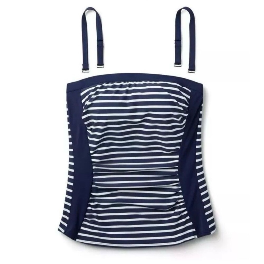 NWT Lands End Bandeau Tankini Top Deep Sea Navy Stripe Removable Straps Size 16 - Picture 3 of 8